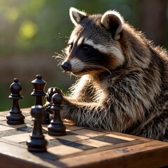Cute Raccoon Playing Chess Outdoors