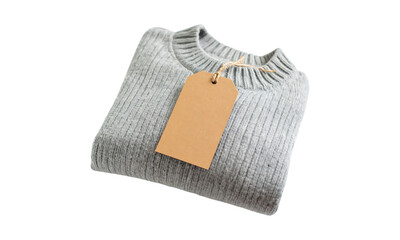 Folded light gray cable knit sweater with blank tag isolated on transparent background