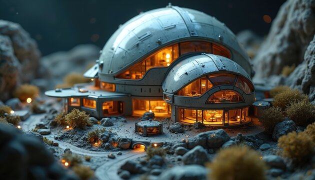 Miniature futuristic space colony habitat with domes, solar panels, living quarters. Advanced technology details visible. Set on rocky terrain with sparse vegetation, illuminated pathways, creating