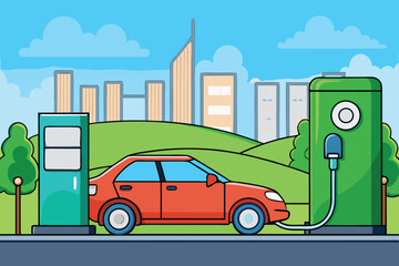 Modern electric vehicle car parked outdoors with eco-friendly and sustainable transport concept