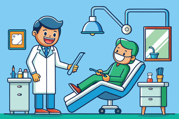 Friendly cartoon dentist in a white coat examines a patient in a dental chair with a mask and instruments