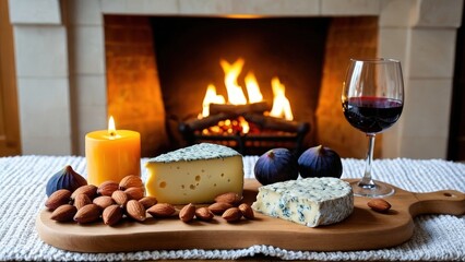 Warm candlelight glow on a cozy fireplace scene, featuring a cheese board of blue cheese, fig jam, roasted almonds, and homemade wine in a crystal decanter with knitted blanket texture.
