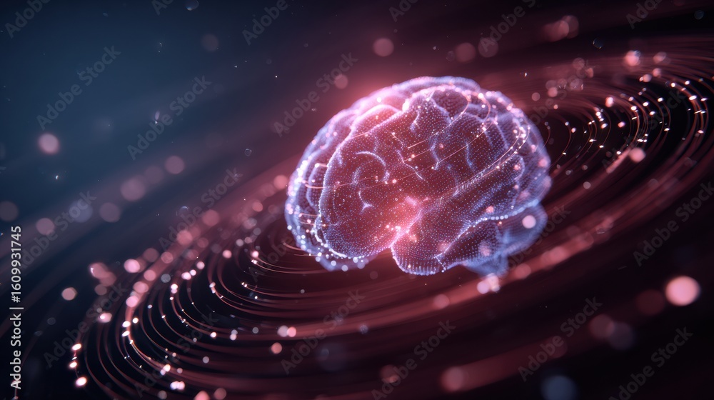 Poster abstract data flow surrounding a glowing brain icon in a clean space emphasizes the connection betwe
