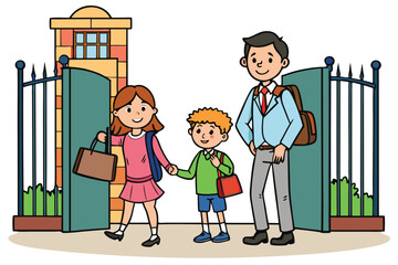 A father escorts his two happy children a girl and a boy to school through the open gates on a bright day