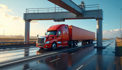 Red truck trailer with cargo drives through weigh station. AI generated art emphasizes logistics, transport industry, commercial shipping, delivery services. Vehicle on weight check on wet highway.