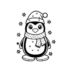 Adorable cartoon penguin wearing a winter hat and polka dot scarf, surrounded by stars.