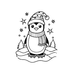 Cartoon illustration of Santa Claus and snow penguins celebrating the winter holiday season with hats, scarves and snow
