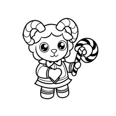 Adorable cartoon lamb with horns holding a candy cane, black and white outline.