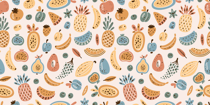 Tropical Fruits and Berries Vector Seamless Pattern. Fruit Wallpaper in Earth Tones Palette. Summer Food Background