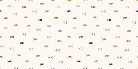 Small Fishes Seamless Pattern in Earth Tones Palette. Childish Playful Background with Doodle Cute Fish. Cartoon Sea Animals for Kids design Vector illustration