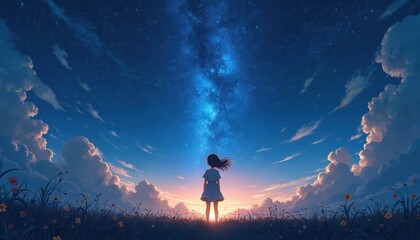Fototapeta premium Young girl stands in a grassy field, gazing at a vast starry night sky filled with swirling nebulae and clouds. Anime style illustration evokes feelings of wonder, solitude, and hope.
