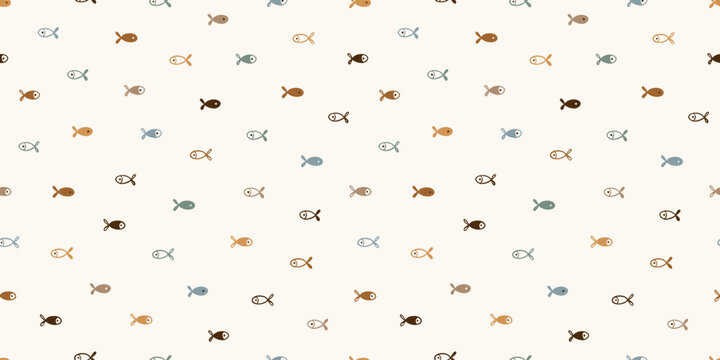 Small Fishes Seamless Pattern in Earth Tones Palette. Childish Playful Background with Doodle Cute Fish. Cartoon Sea Animals for Kids design Vector illustration