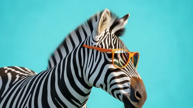 A cool zebra wearing stylish orange sunglasses, looking directly at the camera with a bright blue background