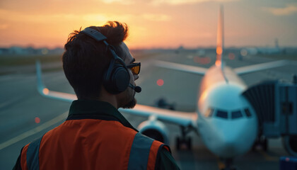 Airport worker in safety vest and headphones oversees tarmac at dusk. Aircraft parked at gate, jet bridge attached. Evening light, communication gear, professional duty on airfield.