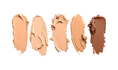 Five swatches of foundation makeup in different shades isolated on transparent background