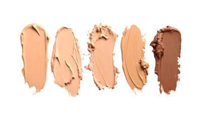 Five swatches of foundation makeup in different shades isolated on transparent background