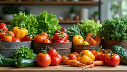 Vibrant assortment of fresh organic vegetables like tomatoes, bell peppers, lettuce, carrots arranged in rustic containers on kitchen counter. Colorful display promotes healthy living, cooking,