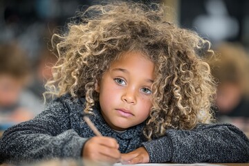 Curly-Haired Child Drawing at School Desk with Thoughtful Expression.