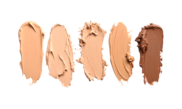 Five swatches of foundation makeup in different shades isolated on transparent background