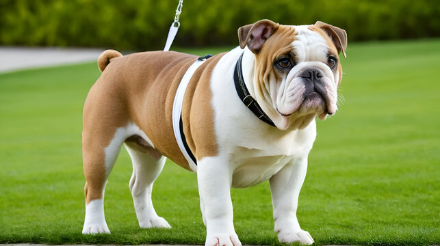 A brown and white bulldog pappy standing