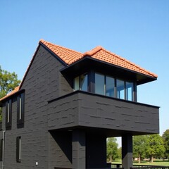 Close-up of Contemporary Residential Building with Textured Gray Shingles and Bay Window