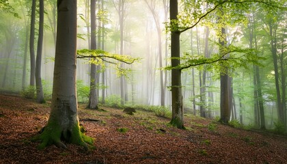 beech forest with tender green young foliage spring morning in the misty woods magical foggy atmosphere landscape photography