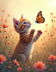 Fototapeta premium Adorable orange tabby kitten with blue eyes curiously watches monarch butterfly in sunny floral field. Soft focus flowers, warm golden light create dreamy atmosphere. Perfect for springtime pet