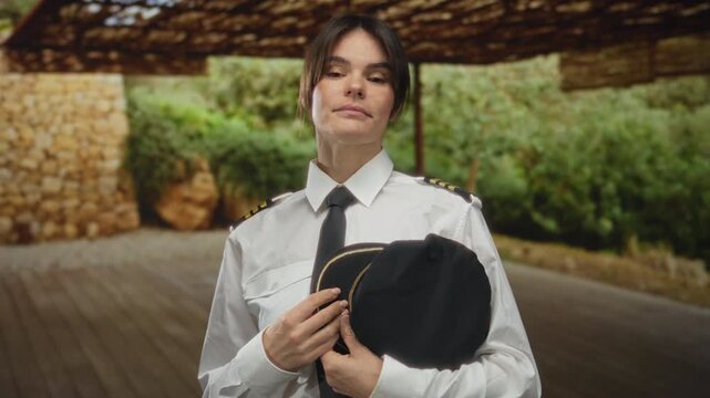 Young hispanic woman pilot in uniform holding cap, standing outdoors in an urban city street with greenery and rustic stone wall background on a bright day