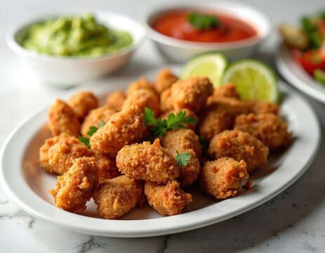 Crispy fried chicken pieces served with guacamole, salsa dip. Flavorful mix of fried meat, vegetables, perfect as snack light meal. Accompanied by lime slices, parsley garnish for fresh presentation.