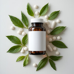 Amber Glass Bottle of Herbal Supplements Surrounded by White Pills and Green Leaves on a Minimalistic White Surface