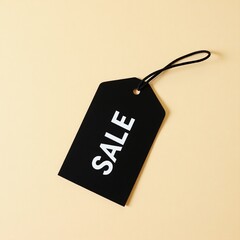 Black Price Tag with White SALE Text on Light Beige Background with String Attachment
