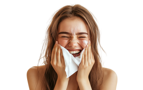 Laughing young woman wiping colorful paint from her cheek in joyful moment isolated on transparent background PNG