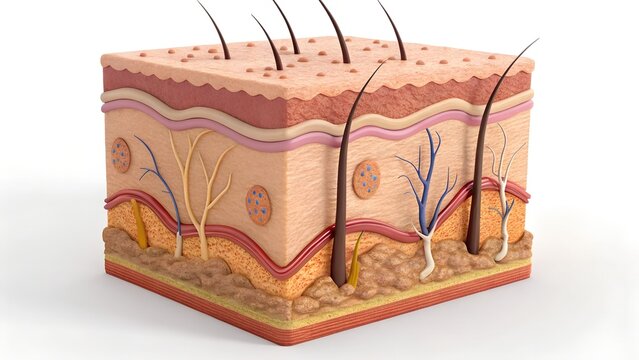 Hyperreal 3D cross-section of human skin &mdash; epidermis, dermis, and hypodermis shown in layers with hair follicles, sweat glands, and capillaries