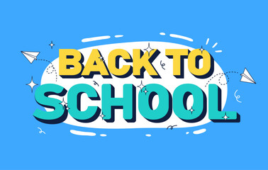 Back-to-school 3d style banner design on a blue background. First day at school banner design. Vector illustration.