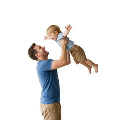 Father lifting child playfully in the air, candid joy and bonding, isolated on a transparent background PNG.

