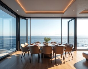 Fototapeta premium Modern minimalist yacht dining area features sleek furniture, a table set for a meal, and expansive windows with breathtaking ocean views. Enjoy luxury sea travel with contemporary interior design.