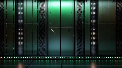 Abstract binary code technology equalizer pattern with light waves in a green and blue digital matrix design