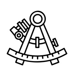 A detailed line drawing of a classic mariner's sextant, a navigational instrument used for measuring angles.