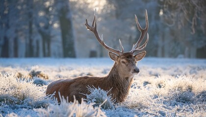 majestic deer resting in a snowy forest landscape surrounded by frost covered grass and trees in soft morning light