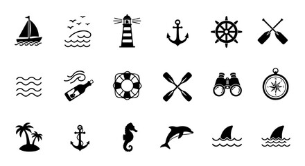 Collection of black and white nautical icons, including ships, lighthouses, anchors, and other maritime symbols. © Fendi