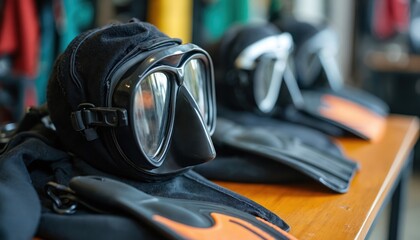 Diving equipment arranged at dive shop. Wetsuit, mask, fins ready for use. Close-up view shows scuba gear preparation. Underwater adventure, open water, ocean exploration theme.
