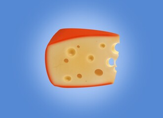 Realistic Emmental cheese slice with holes and red rind on a blue background