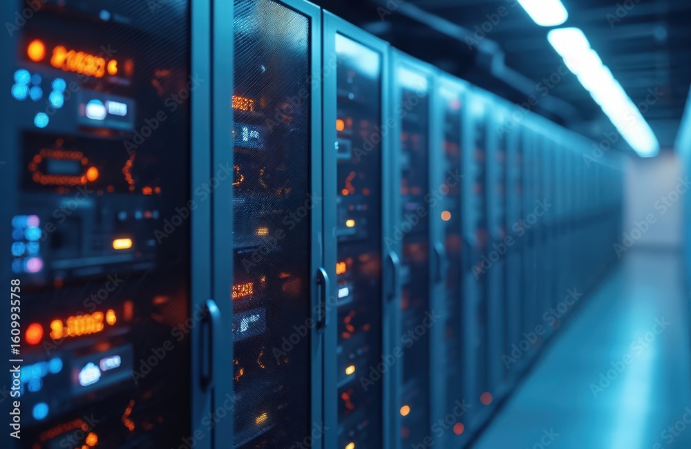 Poster rows of servers with glowing lights in modern data center. illustration shows cloud computing infras