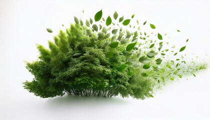 a cluster of green leaves appears to dissolve and scatter against a white background symbolizing transformation nature and environmental change