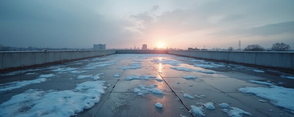 Concrete rooftop with patches of ice, puddles. Winter landscape with snow-covered ground. Grey concrete walkway stretches out into distance. Blue sky with wispy clouds. Warm glow of sunset