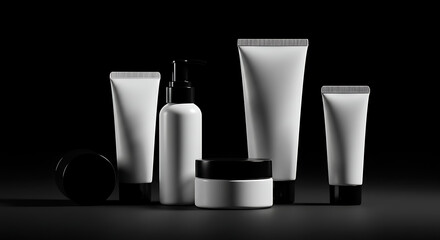Elegant cosmetic product mockup set with blank white tubes and jars for skincare branding