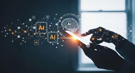 Hands interact with AI on a phone. An AI brain graphic connected nodes hint at machine learning and innovation. The future unfolds with digital intelligence.