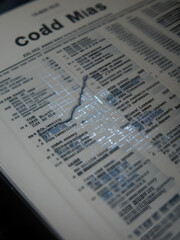 mimeograph lithograph Holographic of A close-up of a financial document with a hidden code embedded within the text, revealed as a statistical graph when the document is held up to a light source,