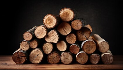 firewood logs stacked on dark background ready for burning