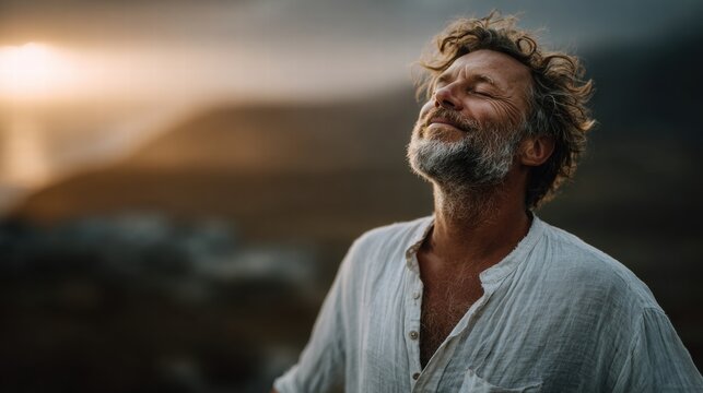 Man Practicing Breathwork Outdoors - Powered by Adobe